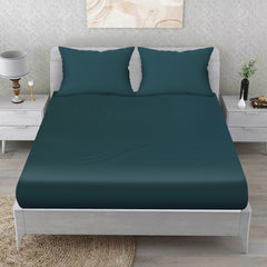 Midnight Teal Cotton Fitted Bed Sheet Set (Peacock Blue)