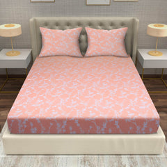 Blush Vine Elegance Cotton Fitted Bed Sheet Set (Peach) (Double Size)