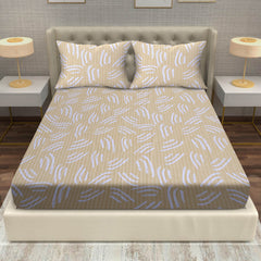 Artful Strokes Cotton Fitted Bed Sheet Set (Ivory Yellow) (King Size)