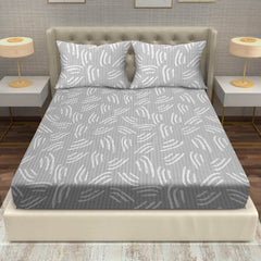 Artful Strokes Cotton Fitted Bed Sheet Set (Soft Gray) (King Size)