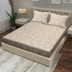 Artful Strokes Cotton Fitted Bed Sheet Set (Ivory Yellow) (King Size)