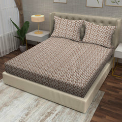 Boho Diamond Floral Cotton Fitted Bed Sheet Set (Warm Beige) (King Size)