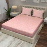 Blush Vine Elegance Cotton Fitted Bed Sheet Set (Peach) (Double Size)