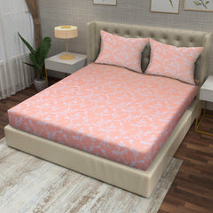 Blush Vine Elegance Cotton Fitted Bed Sheet Set (Peach) (Double Size)