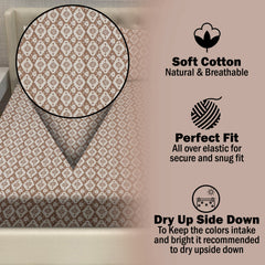 Boho Diamond Floral Cotton Fitted Bed Sheet Set (Warm Beige) (King Size)