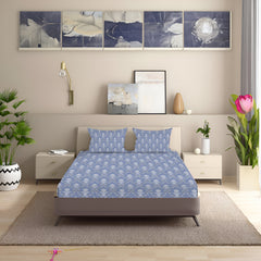 Classic Damask Cotton Fitted Bed Sheet Set (Blue) (Queen Size)