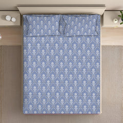 Classic Damask Cotton Fitted Bed Sheet Set (Blue) (Queen Size)