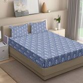 Classic Damask Cotton Fitted Bed Sheet Set (Blue) (Queen Size)