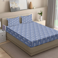 Classic Damask Cotton Fitted Bed Sheet Set (Blue) (Queen Size)