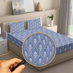 Classic Damask Cotton Fitted Bed Sheet Set (Blue) (Queen Size)