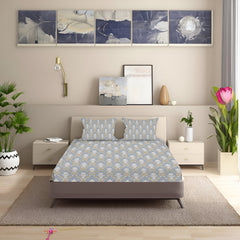 Classic Damask Cotton Fitted Bed Sheet Set (Muted Blue-Grey) (Queen Size)