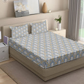 Classic Damask Cotton Fitted Bed Sheet Set (Muted Blue-Grey) (Queen Size)