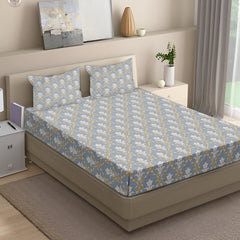 Classic Damask Cotton Fitted Bed Sheet Set (Muted Blue-Grey) (Queen Size)