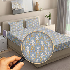 Classic Damask Cotton Fitted Bed Sheet Set (Muted Blue-Grey) (Queen Size)