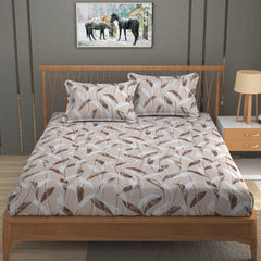 Whispering Leaves Cotton Fitted Bed Sheet Set (Brown) (Queen Size)