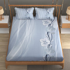 Serene Bloom Cotton Fitted Bed Sheet Set (Blue) (King Size)