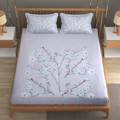 Blossom Riverie Cotton Fitted Bed Sheet Set (Light Lavender) (King Size)