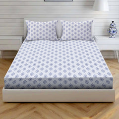 Ornate Harmony Cotton Fitted Bed Sheet Set (Blue Pattern) (Queen Size)