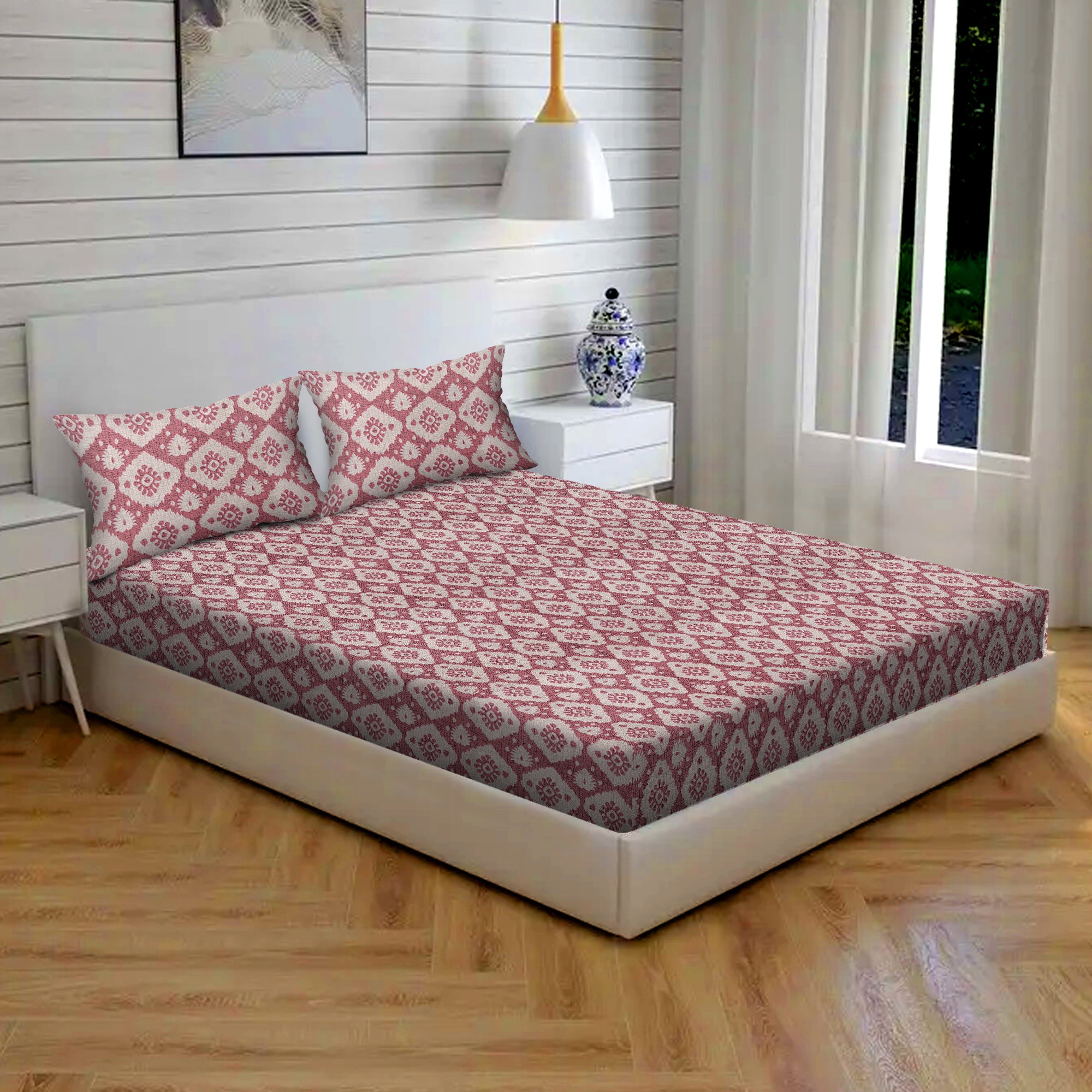 Boho Diamond Floral Cotton Fitted Bed Sheet Set (Dusty Rose) Cotton Snug