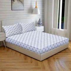 Ornate Harmony Cotton Fitted Bed Sheet Set (Blue Pattern) (Queen Size)