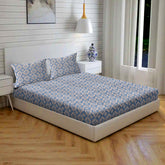 Boho Diamond Floral Cotton Fitted Bed Sheet Set (Soft Blue) (King Size)