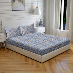 Boho Diamond Floral Cotton Fitted Bed Sheet Set (Soft Blue) (King Size)