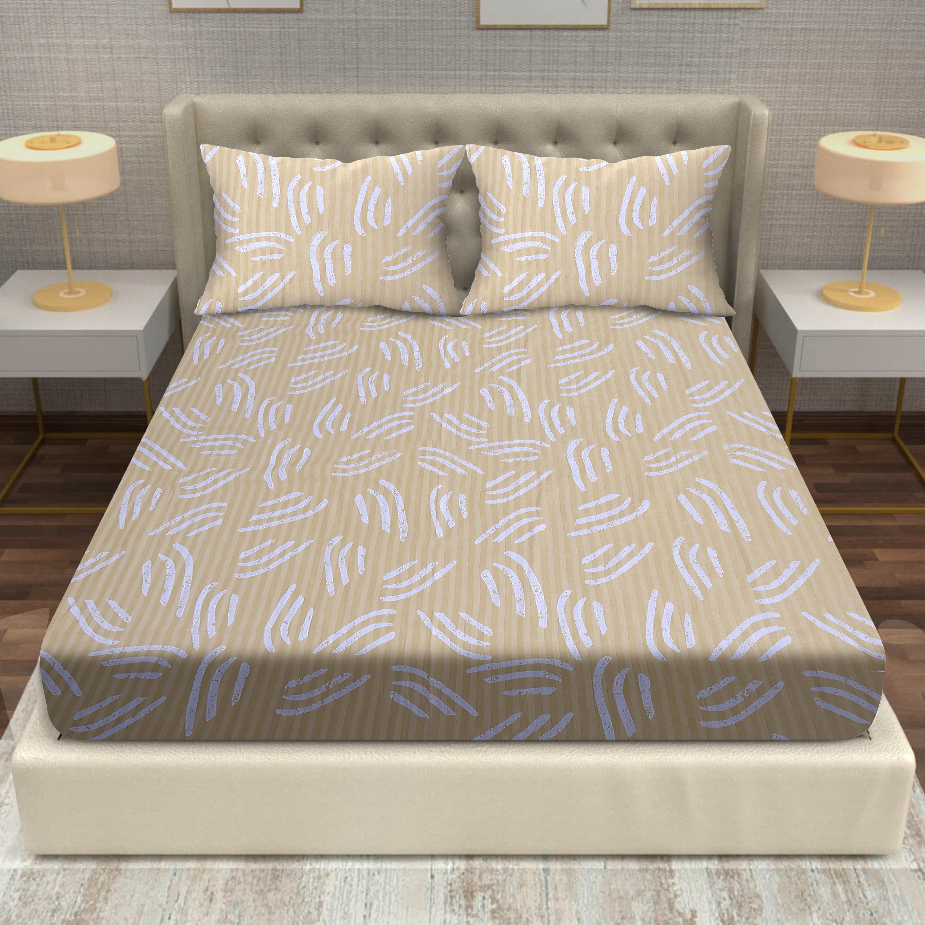 Artful Strokes Cotton Fitted Bed Sheet Set (Ivory Yellow) (King Size)