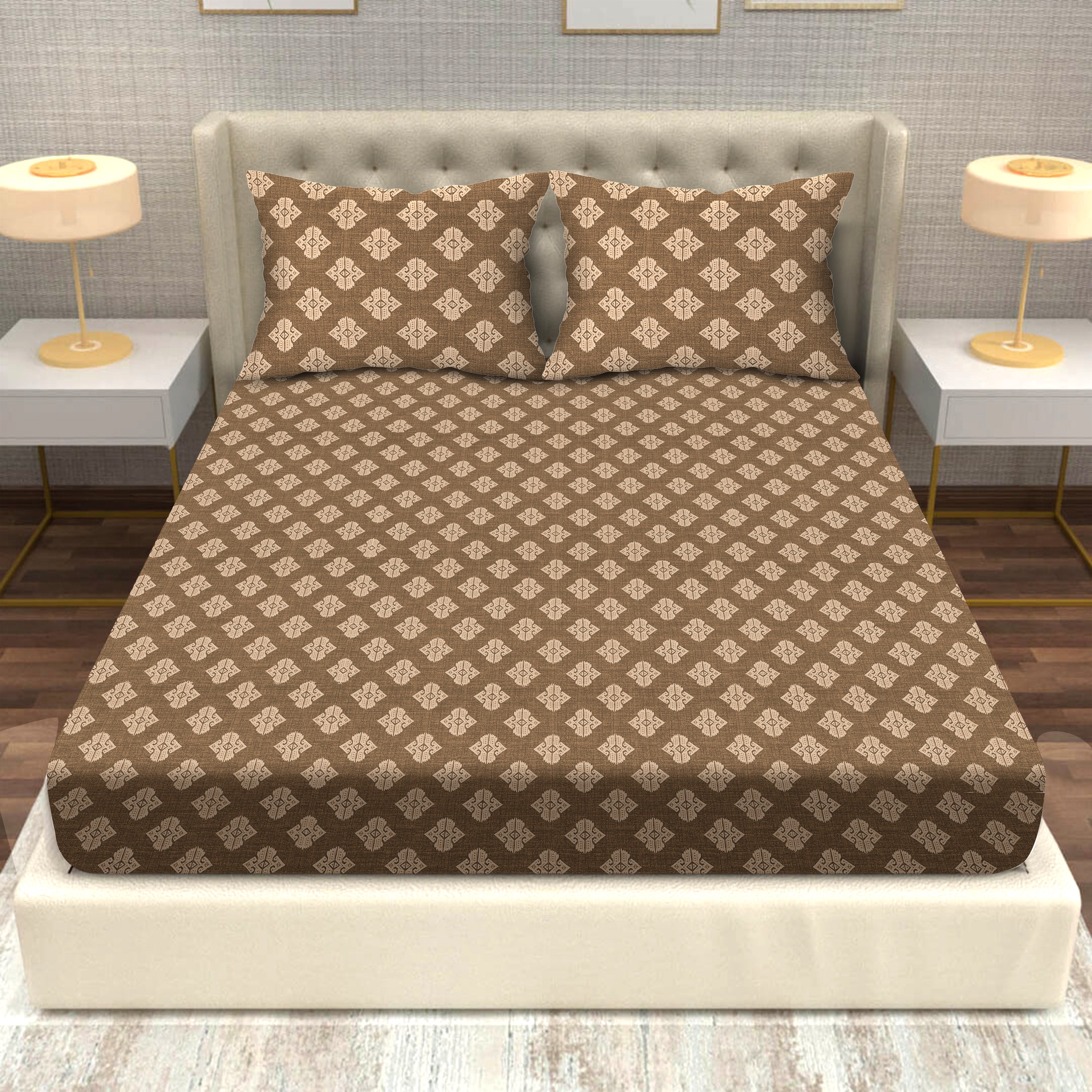 Tribal Geometric Print Cotton Fitted Bed Sheet Set (Warm Earthy Brown) (King size)