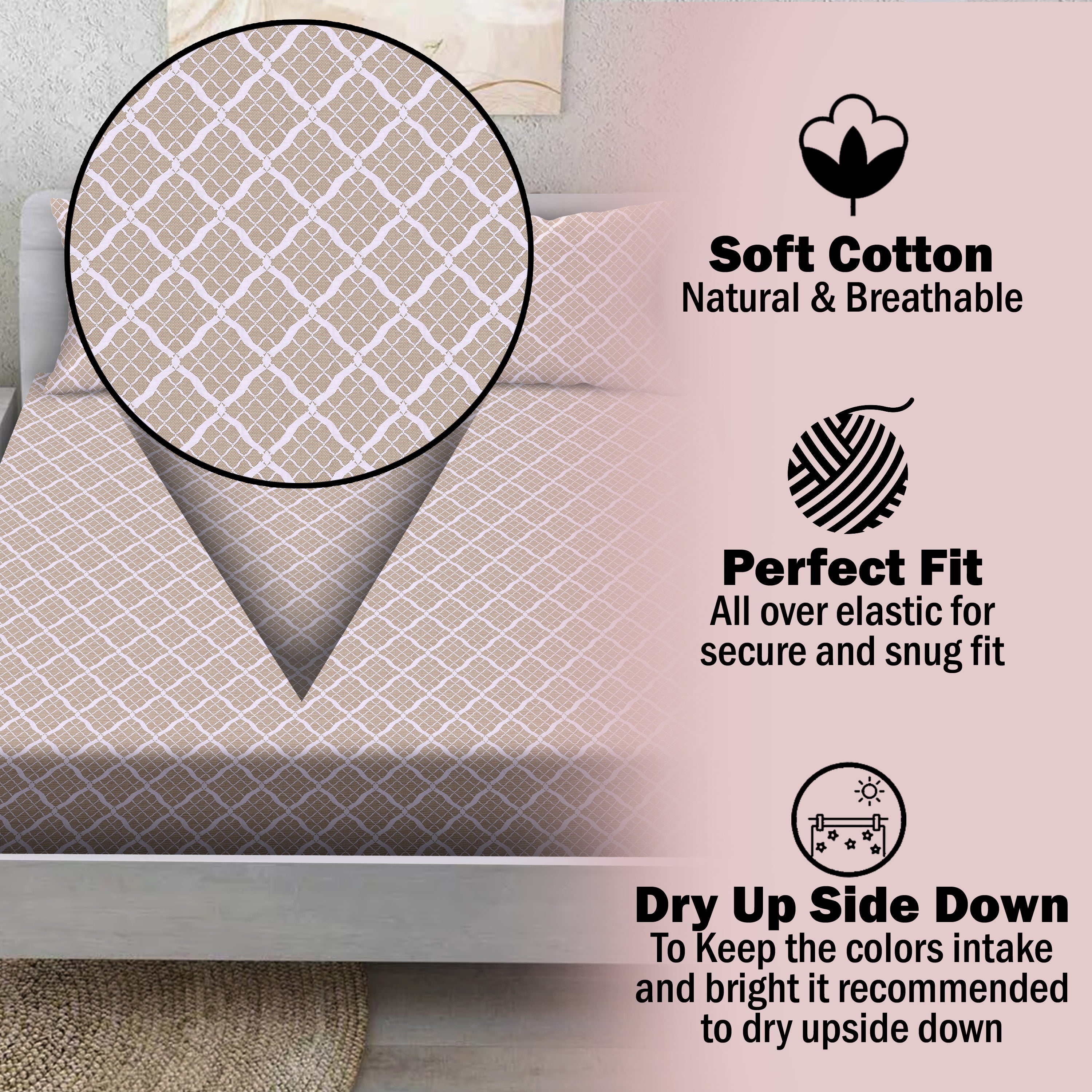 Classic Cross Cotton Fitted Bed Sheet Set (Sandstone Beige) (Single Size)