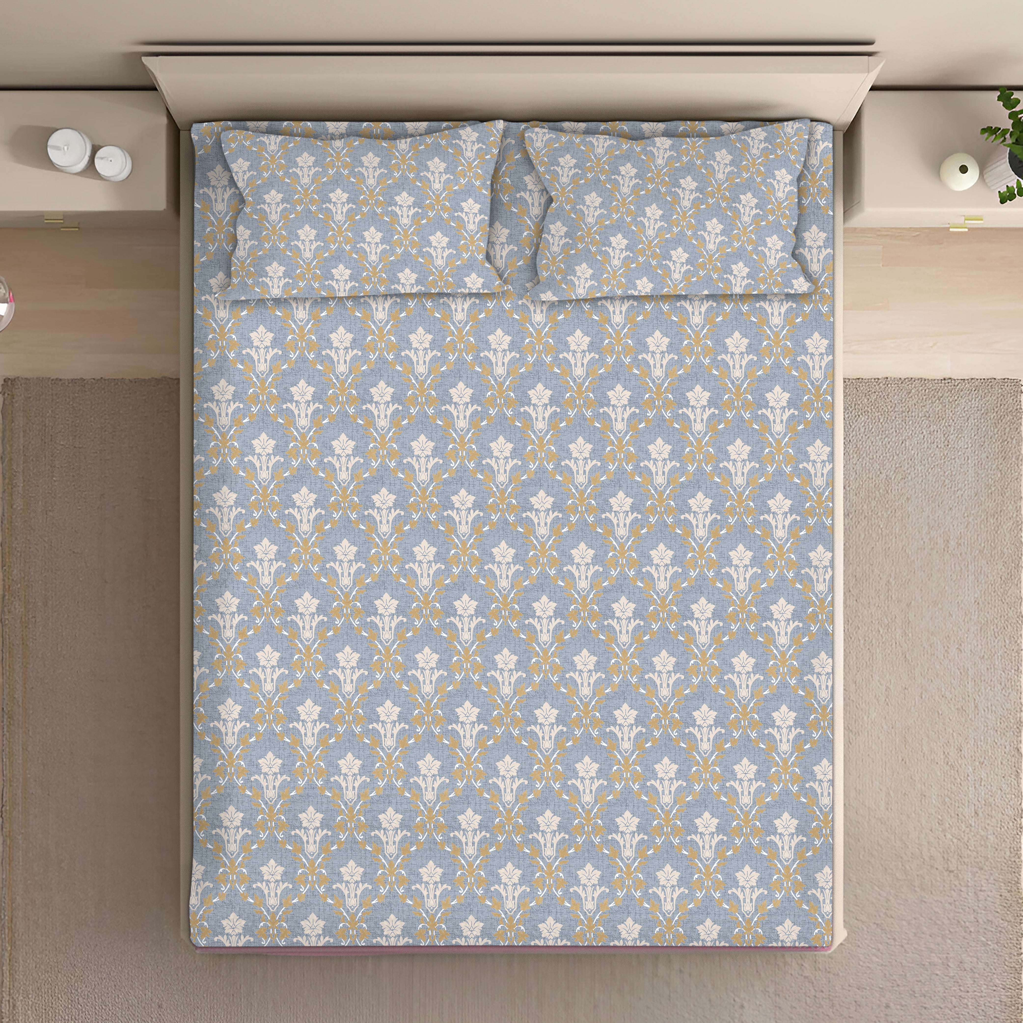 Classic Damask Cotton Fitted Bed Sheet Set (Muted Blue-Grey) (Queen Size)