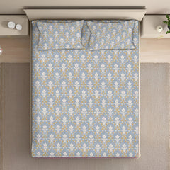 Classic Damask Cotton Fitted Bed Sheet Set (Muted Blue-Grey) (Queen Size)