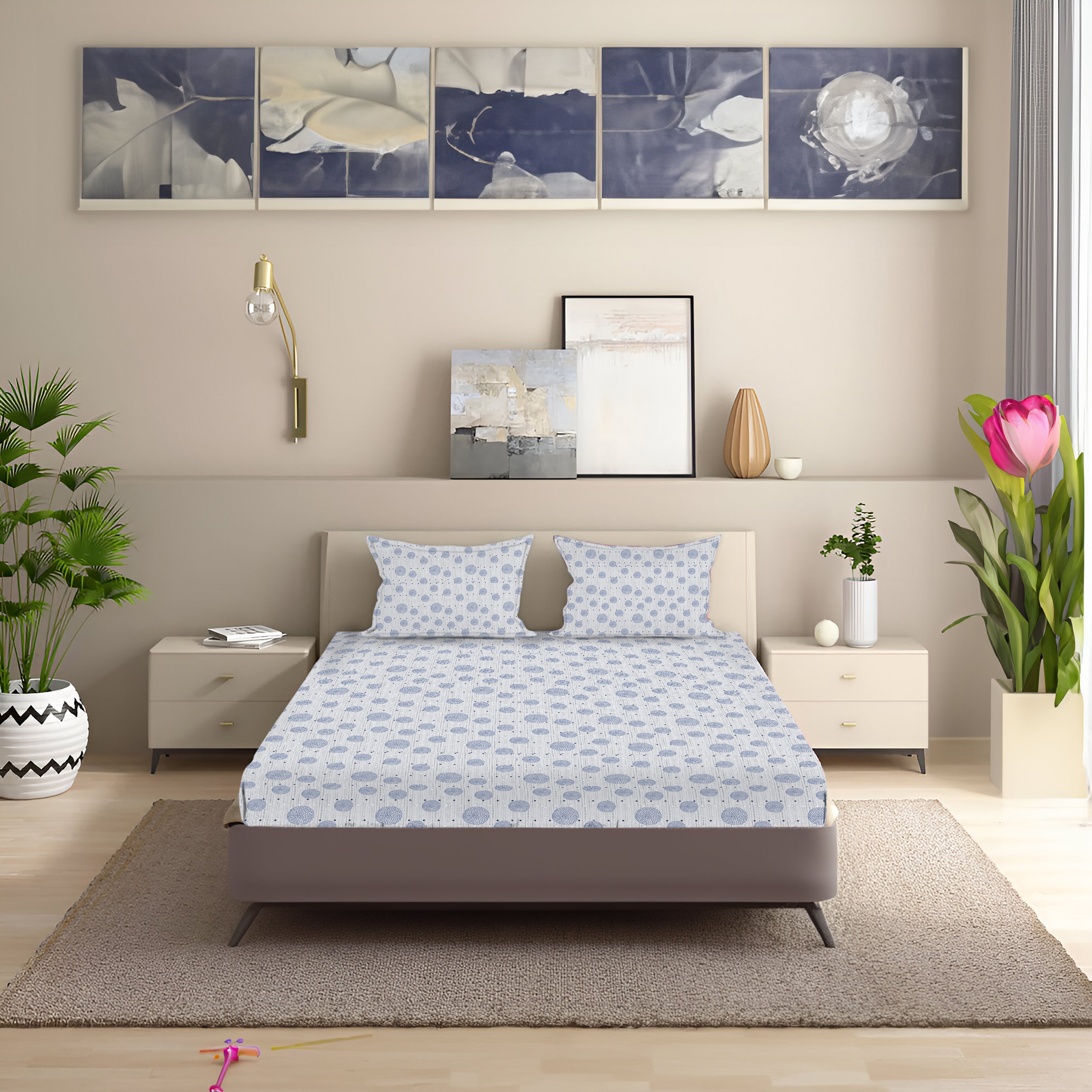Speckled Polka Cotton Fitted Bed Sheet Set (Gentle Blue)