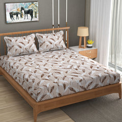 Whispering Leaves Cotton Fitted Bed Sheet Set (Brown) (Queen Size)