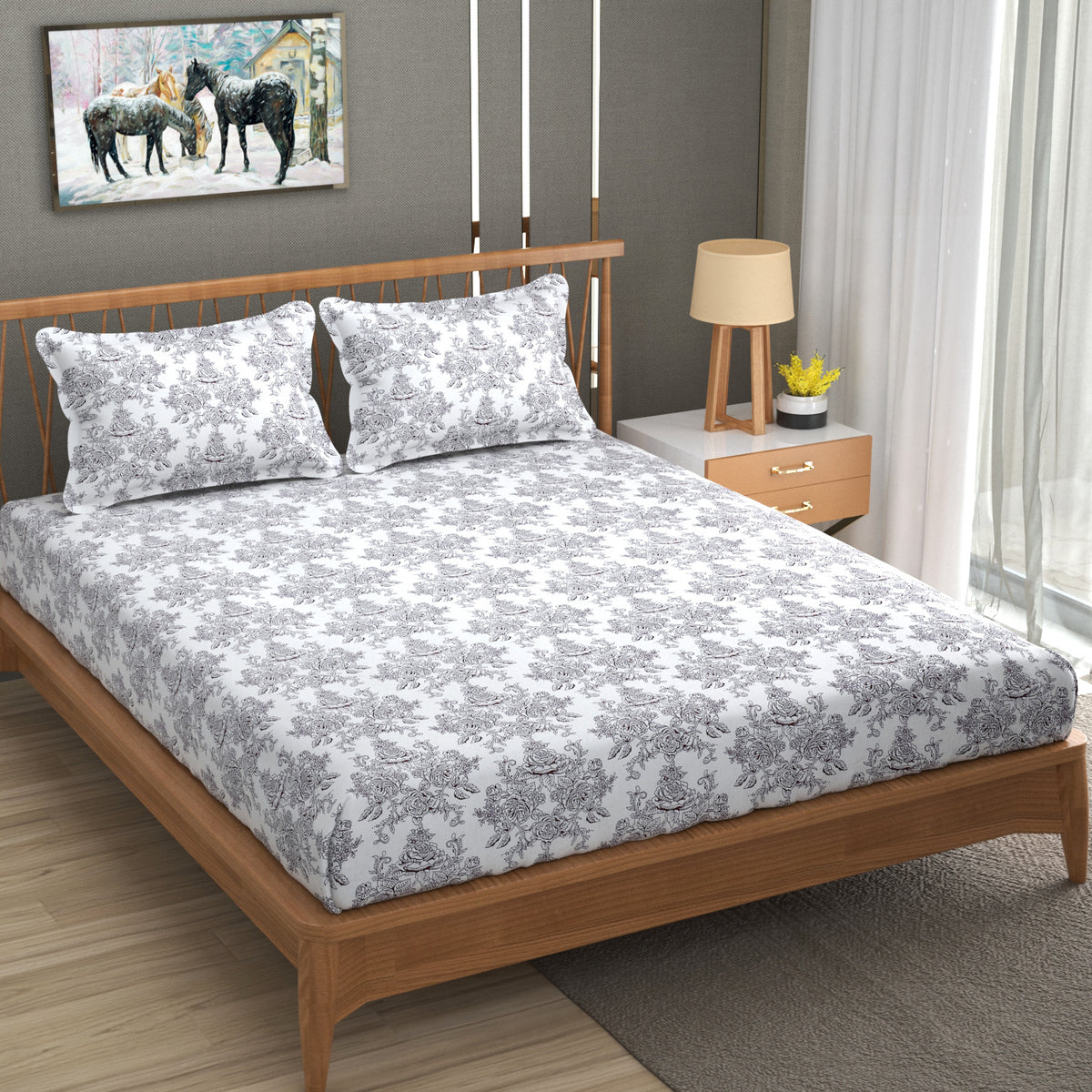 Victorian Elegance Cotton Fitted Bed Sheet Set (White with Purple Pattern)
