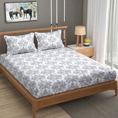 Victorian Elegance Cotton Fitted Bed Sheet Set (White with Purple Pattern)