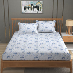 Floral Dreamscape Cotton Fitted Bed Sheet Set (Blue) (Queen Size)