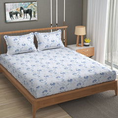 Floral Dreamscape Cotton Fitted Bed Sheet Set (Blue) (Queen Size)