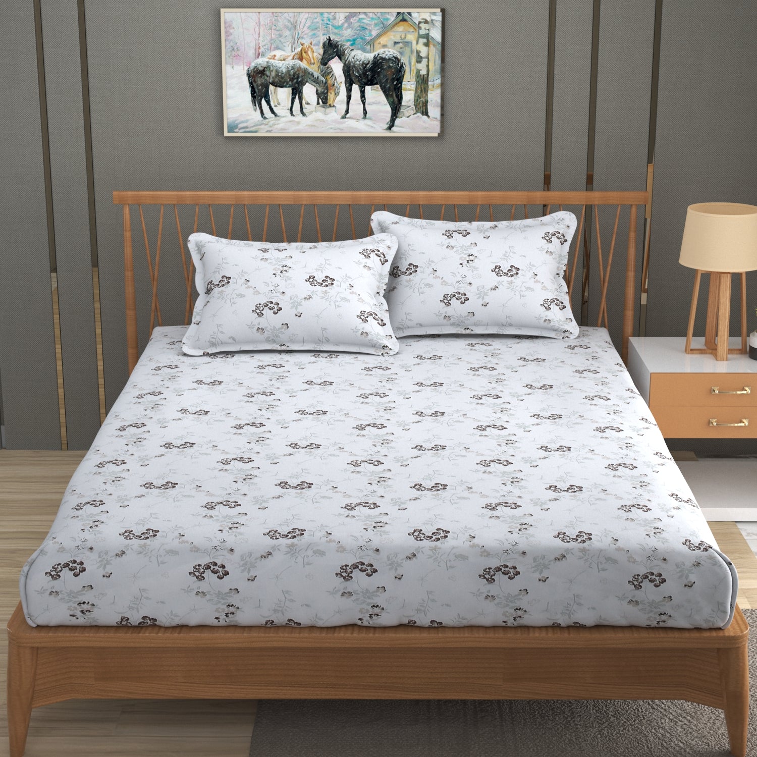 Floral Dreamscape Cotton Fitted Bed Sheet Set (Brown) (Queen Size)