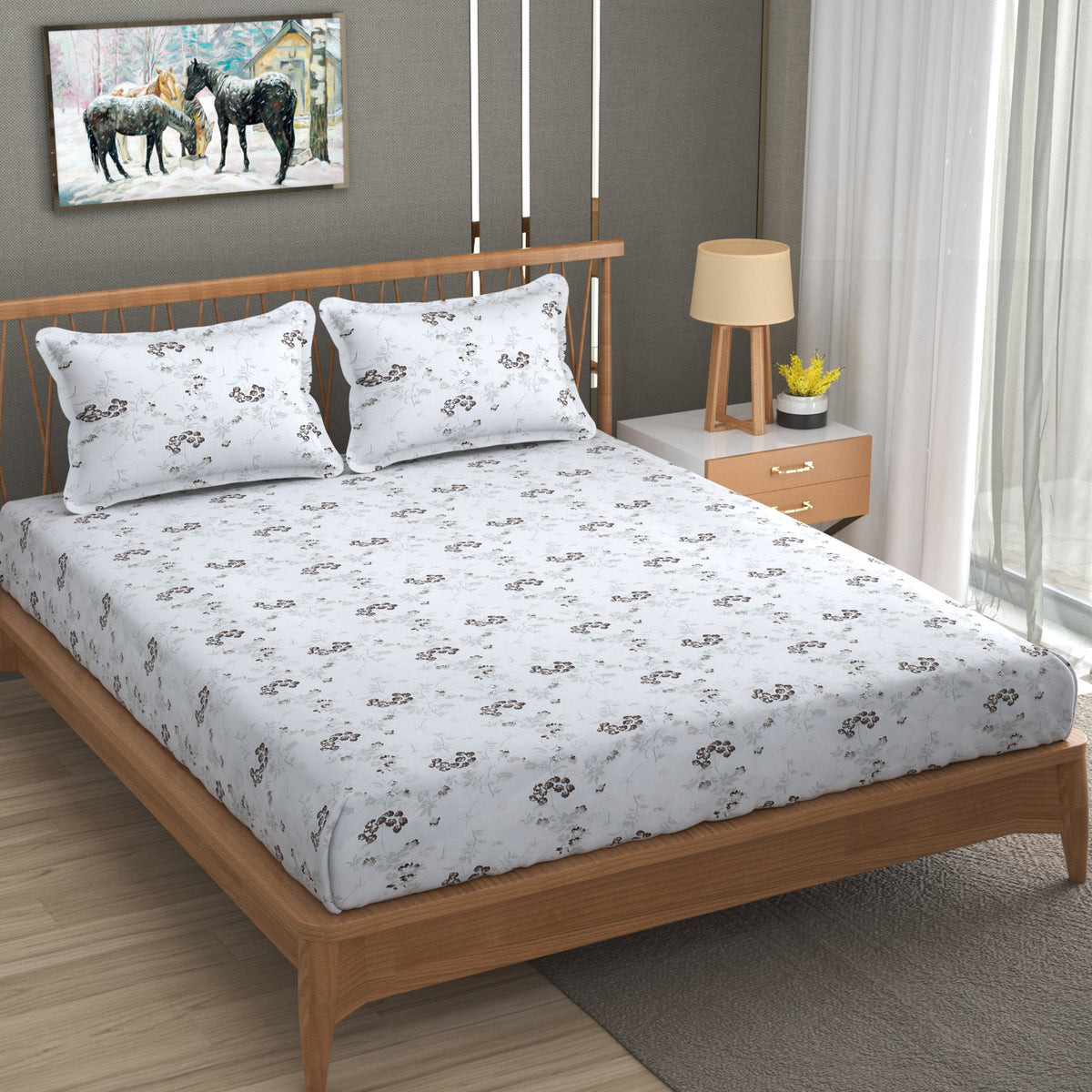 Floral Dreamscape Cotton Fitted Bed Sheet Set (Brown) (Queen Size)