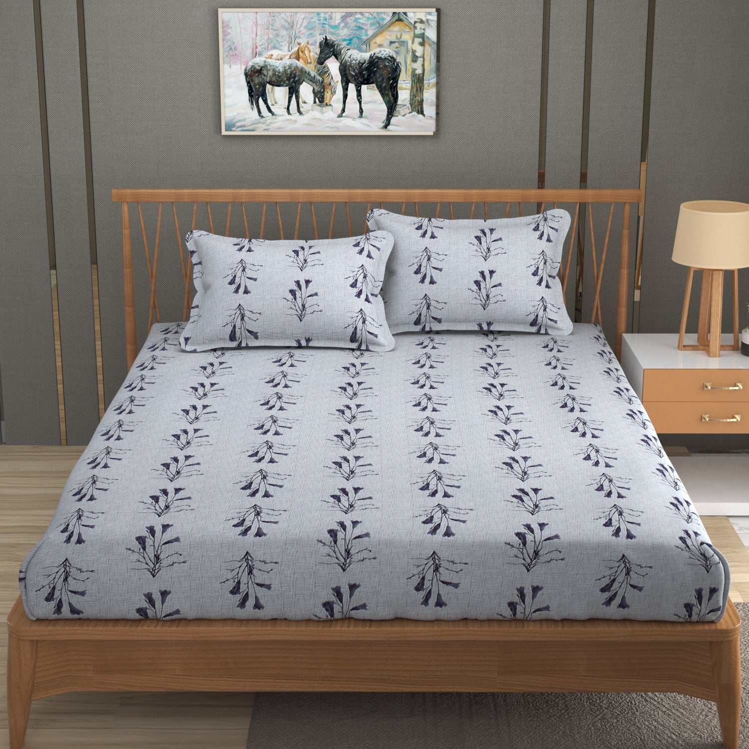 Botanical Sprig Cotton Fitted Bed Sheet Set (Purple) (Queen Size)