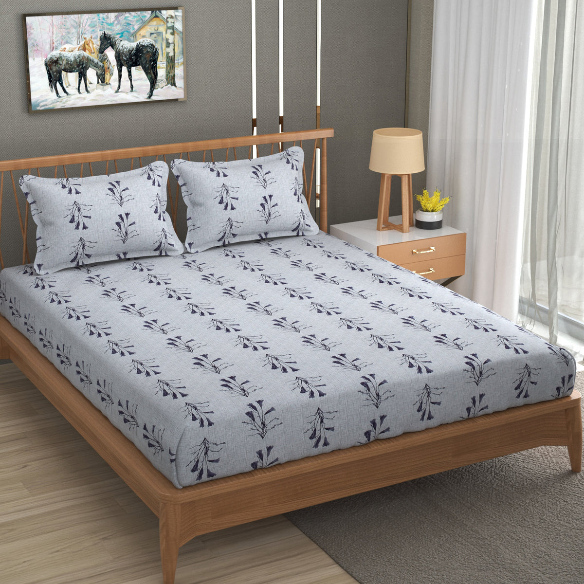 Botanical Sprig Cotton Fitted Bed Sheet Set (Purple) (Queen Size)