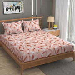 Whispering Leaves Cotton Fitted Sheet Set (Peach) (Queen Size)