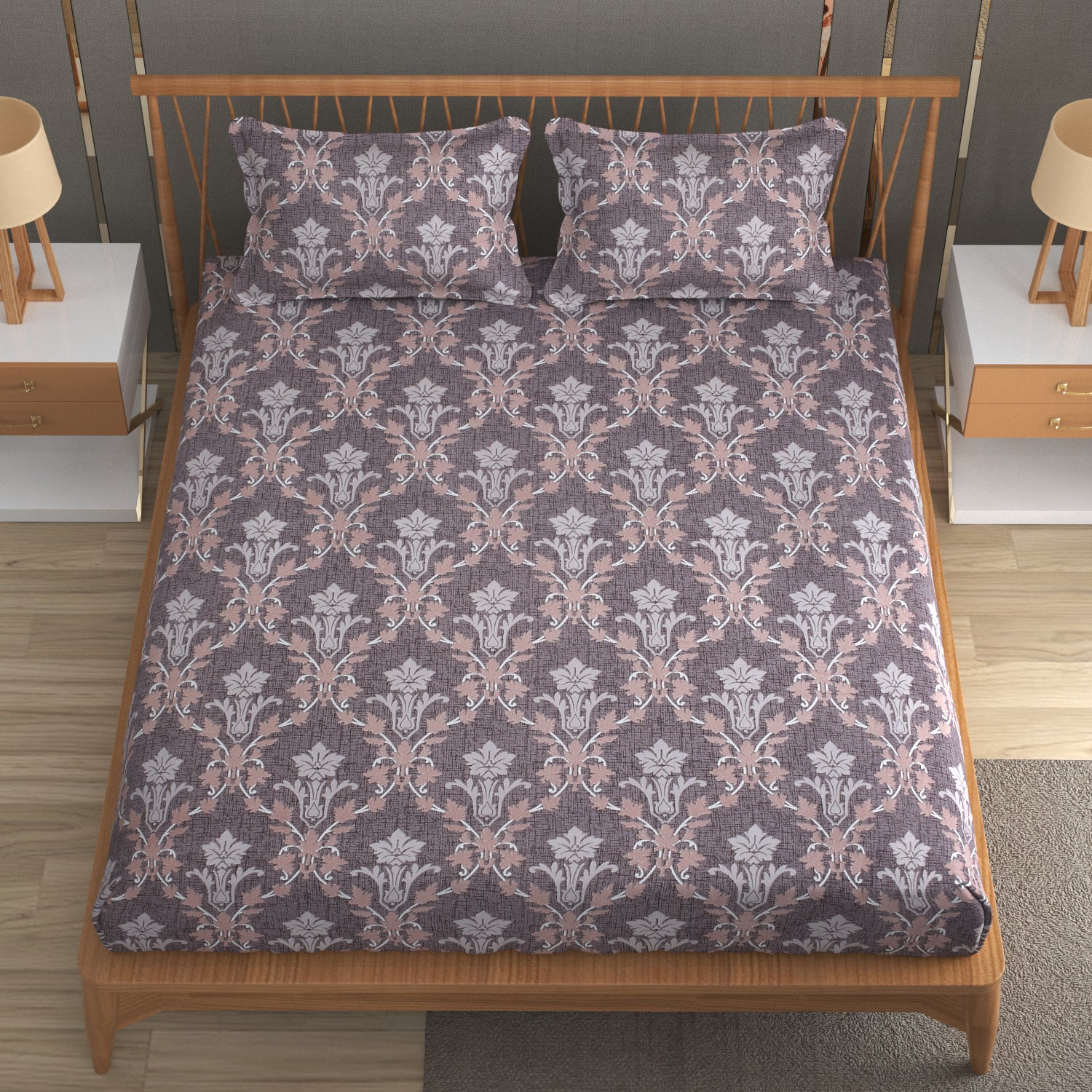 Classic Damask Cotton Fitted Bed Sheet Set (Purple) (Queen Size)