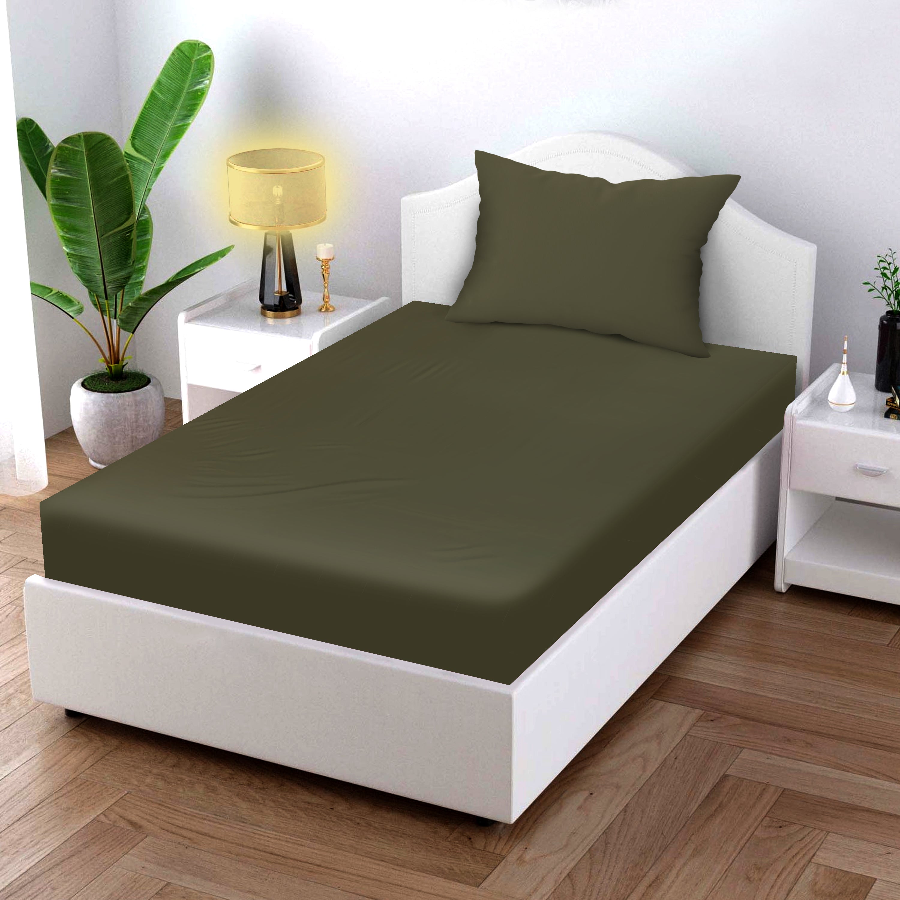 Earthy Essence Cotton Fitted Bed Sheet Set (Olive Green)