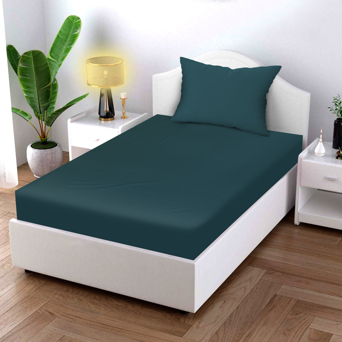Midnight Teal Cotton Fitted Bed Sheet Set (Peacock Blue)