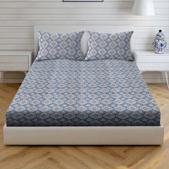 Boho Diamond Floral Cotton Fitted Bed Sheet Set (Soft Blue) (King Size)