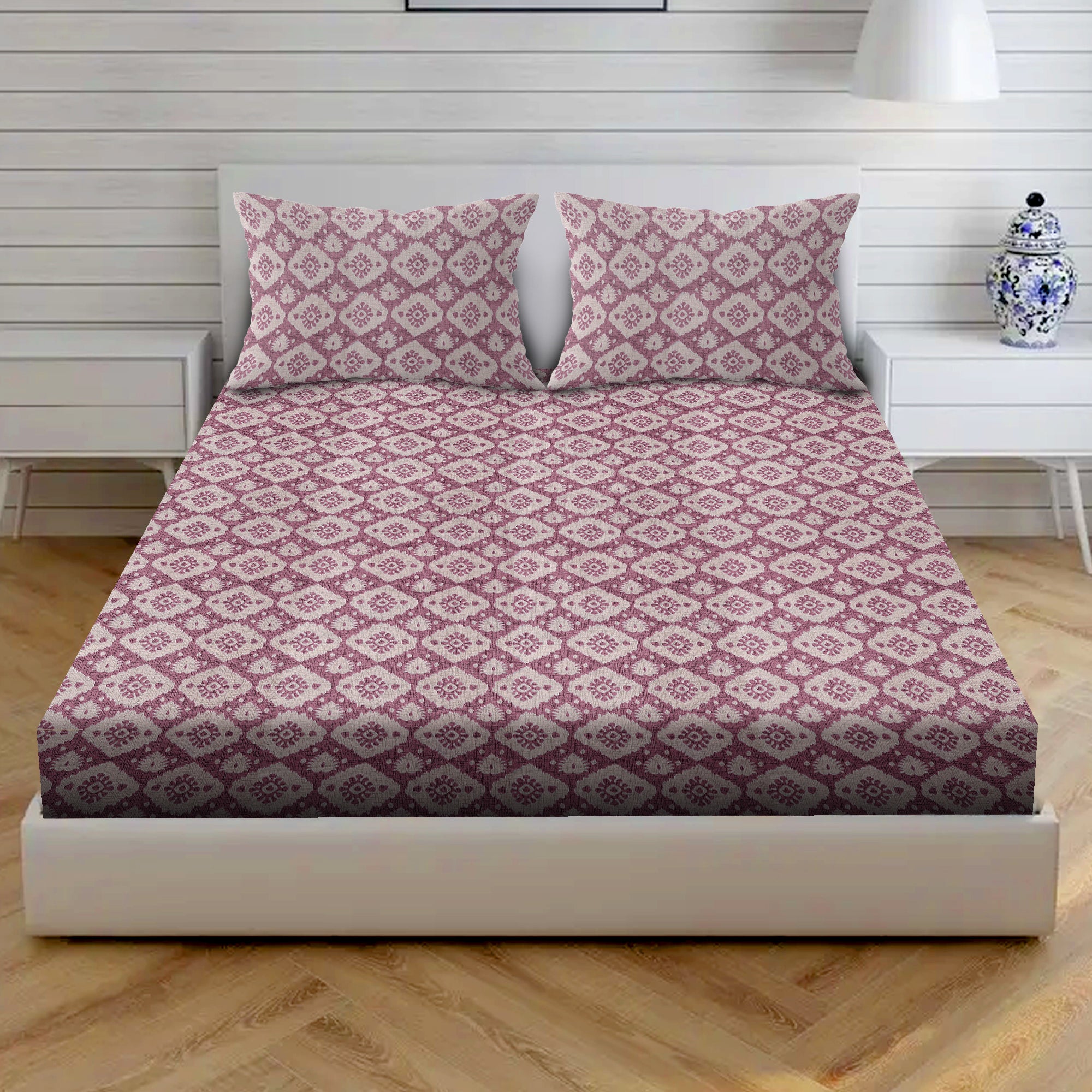 Boho Diamond Floral Cotton Fitted Bed Sheet Set (Dusty Rose) (King Size)