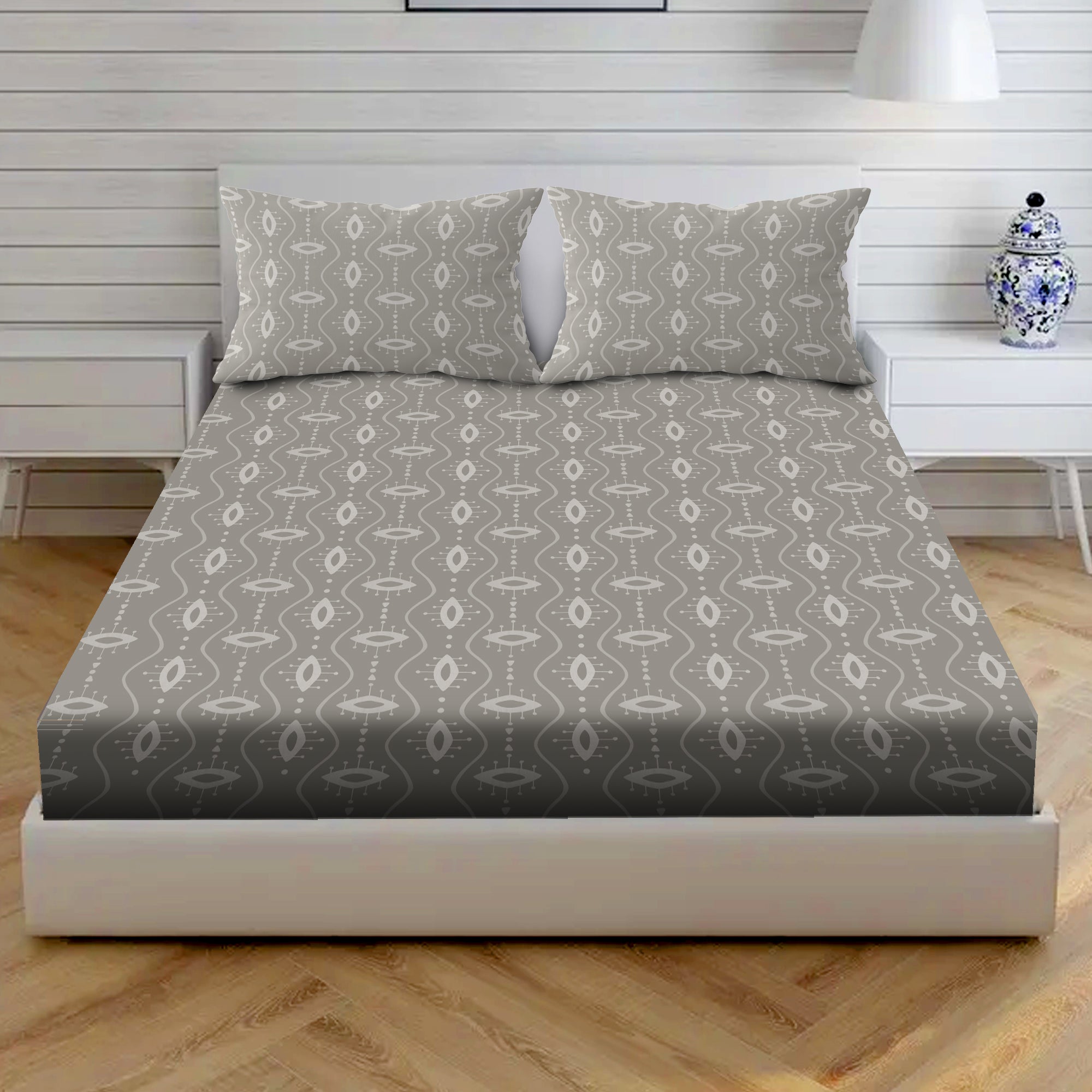 Atomic Eye Cotton Fitted Bed Sheet Set (Stone Gray) (King Size)