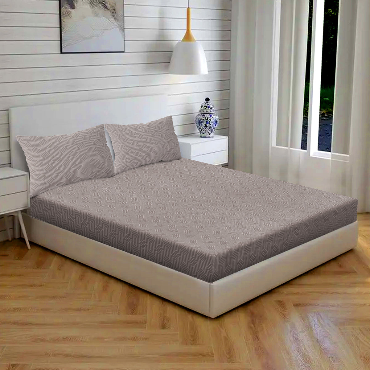 Curved Chefron Cotton Fitted Bed Sheet Set (Mushroom Taupe) (King Size)